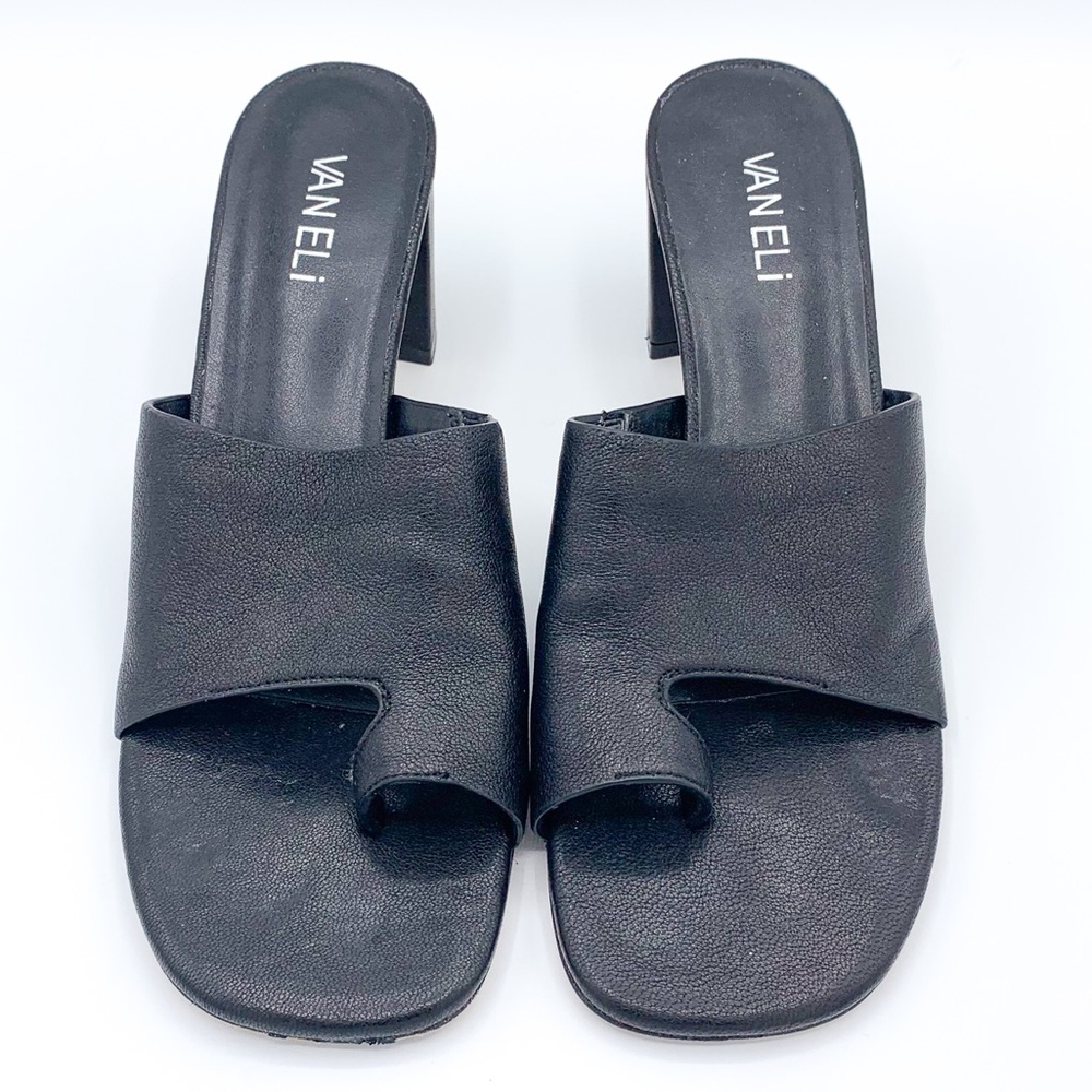 VANELI Black Leather Heeled Open Toed Mules